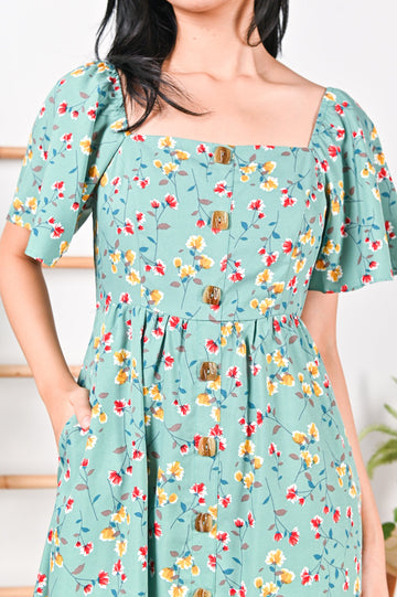 All Would Envy Dresses ESTEE SLEEVED BUTTON DRESS IN GREEN FLORAL