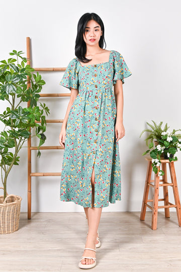 All Would Envy Dresses ESTEE SLEEVED BUTTON DRESS IN GREEN FLORAL