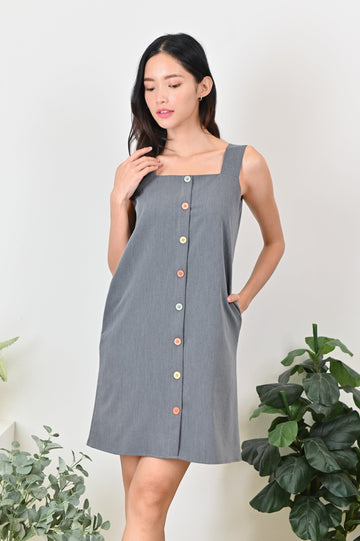 All Would Envy Dresses KATHLEEN THICK-STRAP BUTTON DRESS IN GREY