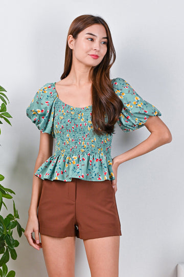 All Would Envy Tops ALOYSIA FLORAL SMOCKED TOP IN GREEN