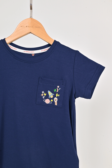 All Would Envy Tops UNIVERSE EMBROIDERY POCKET KIDS TEE IN NAVY