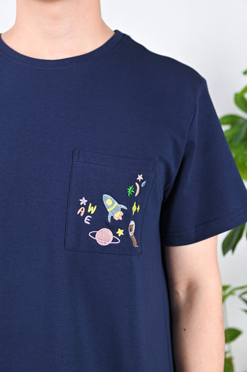 All Would Envy Tops UNIVERSE EMBROIDERY POCKET UNISEX TEE IN NAVY