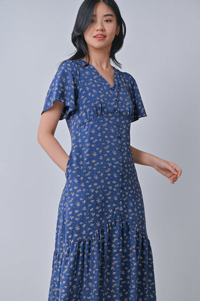 AWE Dresses AMAIA FLORAL BUTTON MIDI DRESS IN BLUE