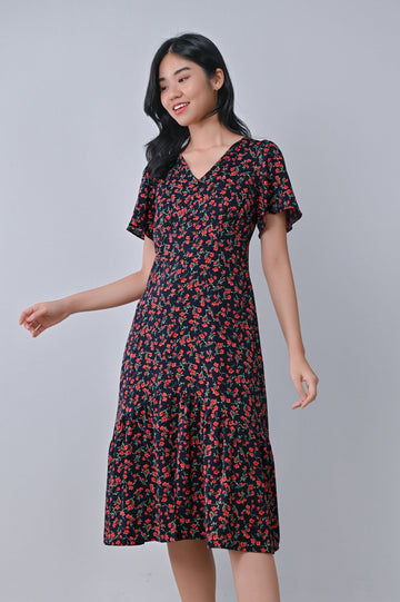 AWE Dresses AMAIA FLORAL BUTTON MIDI DRESS IN DEEP NAVY