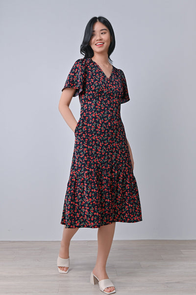 AWE Dresses AMAIA FLORAL BUTTON MIDI DRESS IN DEEP NAVY