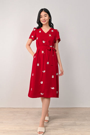 AWE Dresses LUCKY CAT EMB. SLEEVED DRESS IN RED