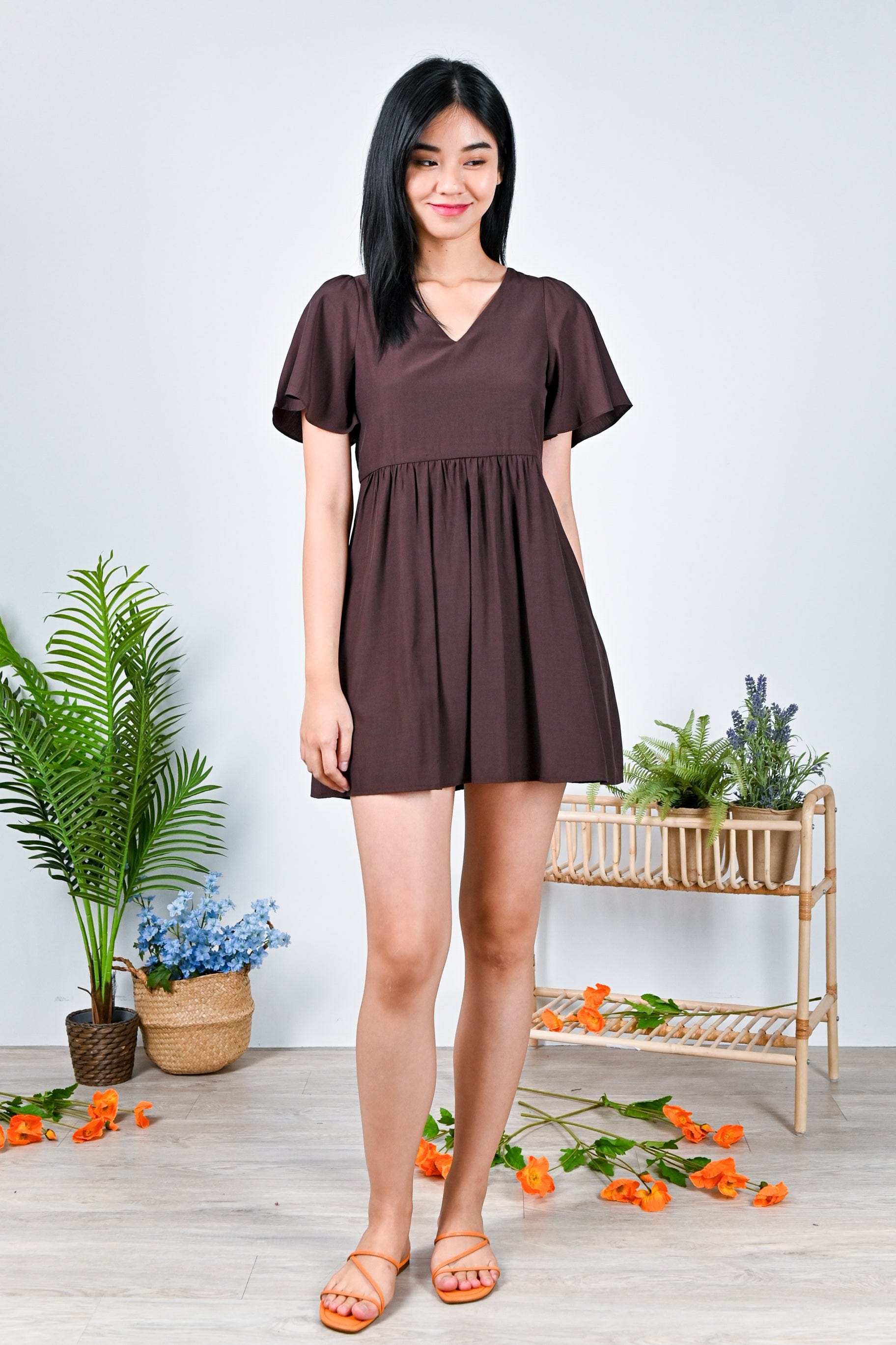 COLLEEN V-NECK DRESS-ROMPER IN COCOA – All Would Envy