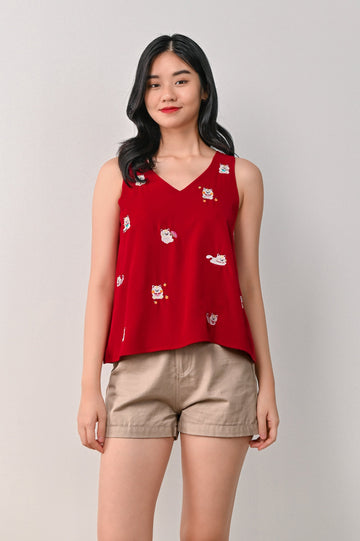 AWE Tops LUCKY CAT EMB. TWO-WAY TOP IN RED