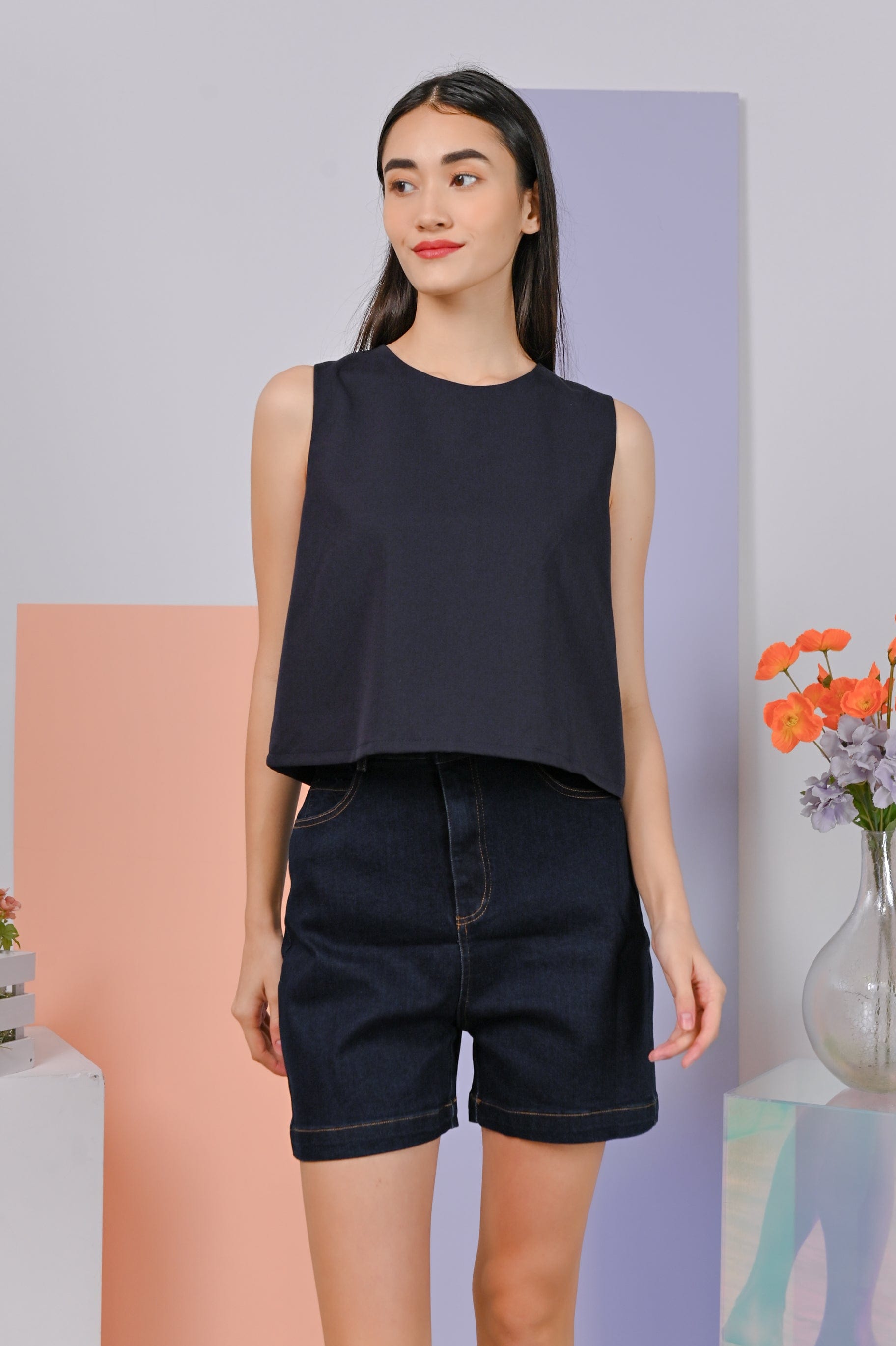 RITA BUTTON TOP IN NAVY – All Would Envy