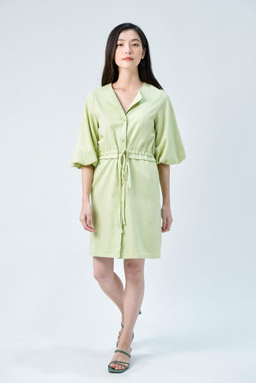 JERENA APPLE GREEN BALLOON-SLEEVE DRAWSTRING DRESS