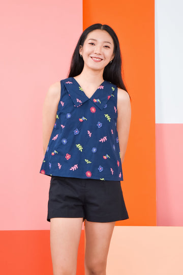 AWE Tops JERALYNN EMBROIDERY COLLARED TOP IN NAVY