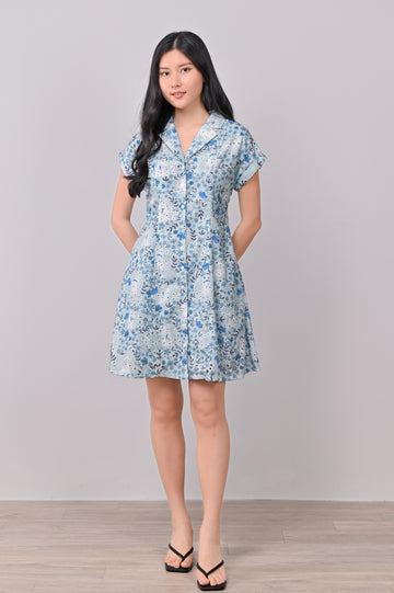 ANNIKA FLORAL EYELET SHIRT-DRESS IN BLUE