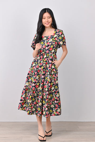 ROBIN FLORAL SQUARE-NECK DRESS IN VIBRANT