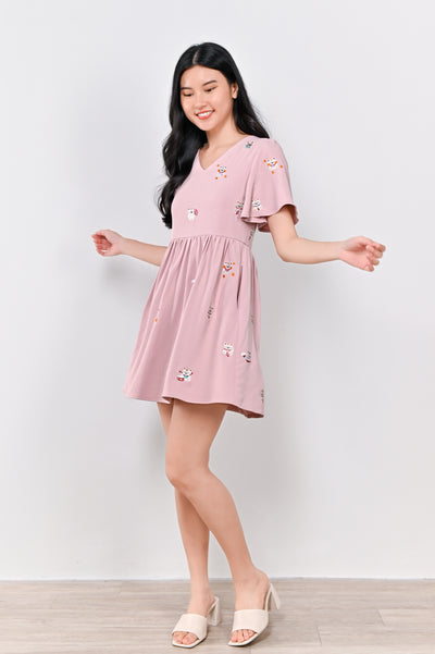 LUCKY CAT EMB. V-NECK DRESS-ROMPER IN PINK