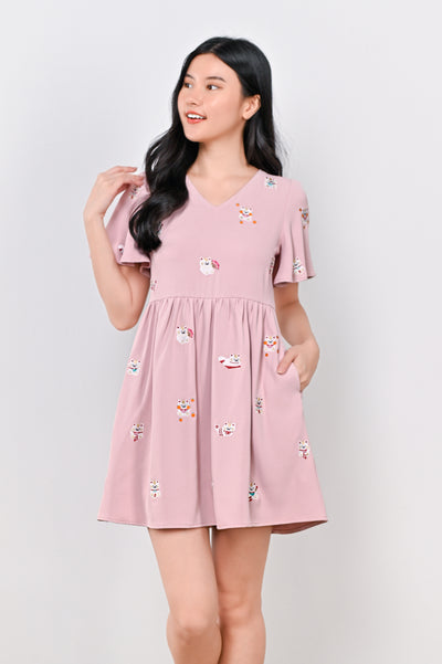 LUCKY CAT EMB. V-NECK DRESS-ROMPER IN PINK