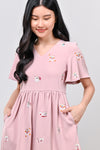 LUCKY CAT EMB. V-NECK DRESS-ROMPER IN PINK