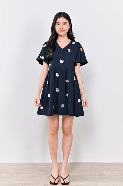 LUCKY CAT EMB. V-NECK DRESS-ROMPER IN NAVY