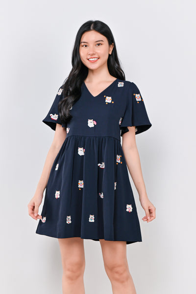 LUCKY CAT EMB. V-NECK DRESS-ROMPER IN NAVY