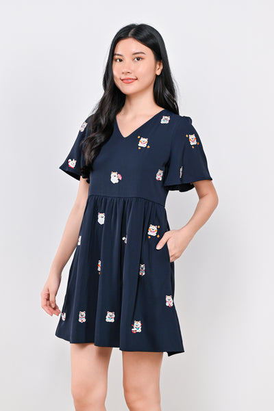 LUCKY CAT EMB. V-NECK DRESS-ROMPER IN NAVY