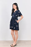 LUCKY CAT EMB. V-NECK DRESS-ROMPER IN NAVY