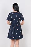 LUCKY CAT EMB. V-NECK DRESS-ROMPER IN NAVY