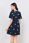 LUCKY CAT EMB. V-NECK DRESS-ROMPER IN NAVY