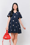 LUCKY CAT EMB. V-NECK DRESS-ROMPER IN NAVY