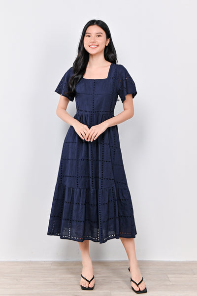 MELODY SLEEVED EYELET DRESS IN NAVY