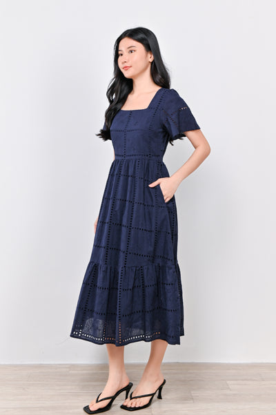 MELODY SLEEVED EYELET DRESS IN NAVY