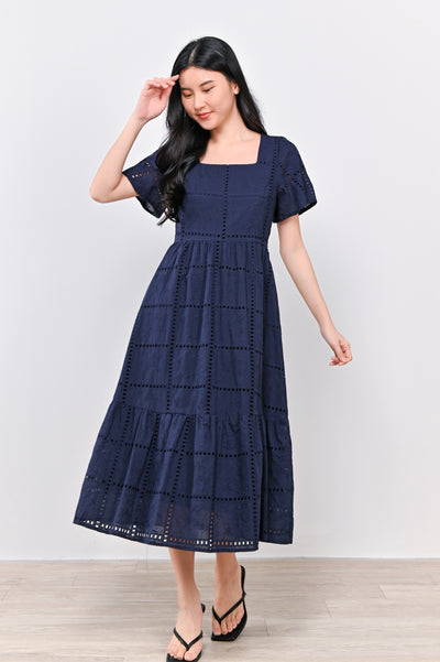 MELODY SLEEVED EYELET DRESS IN NAVY