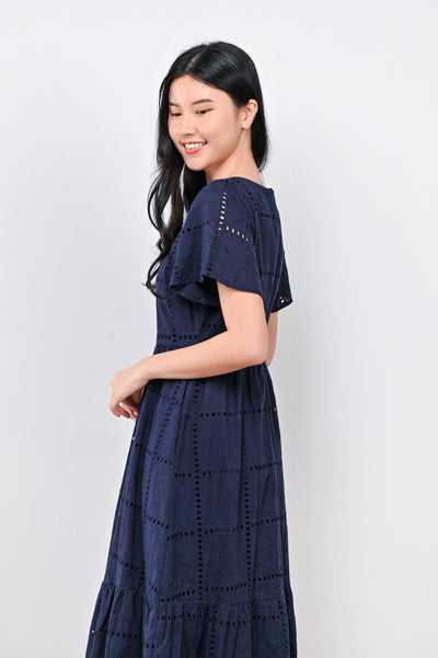 MELODY SLEEVED EYELET DRESS IN NAVY