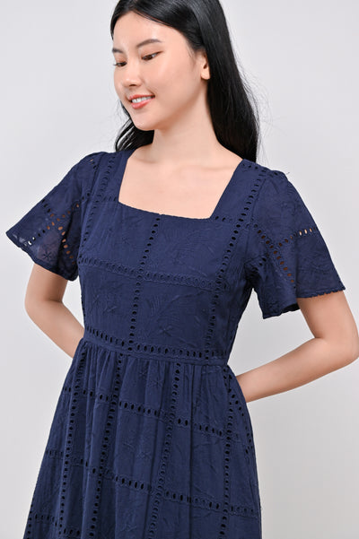 MELODY SLEEVED EYELET DRESS IN NAVY