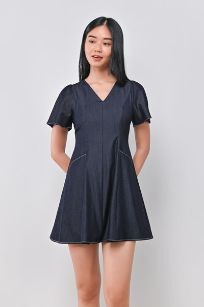 LILOU DENIM-LOOK DRESS-ROMPER IN DARK