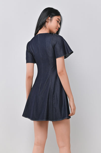 LILOU DENIM-LOOK DRESS-ROMPER IN DARK