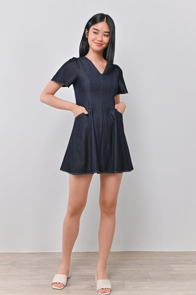 LILOU DENIM-LOOK DRESS-ROMPER IN DARK