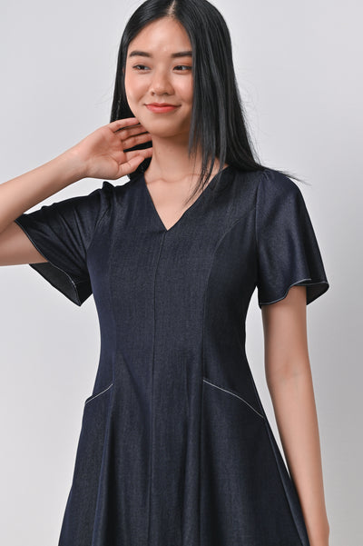 LILOU DENIM-LOOK DRESS-ROMPER IN DARK