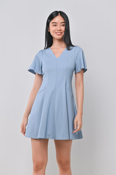 LILOU DENIM-LOOK DRESS-ROMPER IN LIGHT