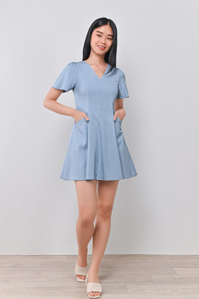 LILOU DENIM-LOOK DRESS-ROMPER IN LIGHT