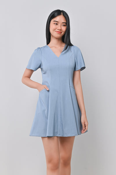 LILOU DENIM-LOOK DRESS-ROMPER IN LIGHT