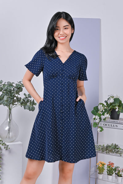 All Would Envy Dresses *BACKORDER* JOULU BUTTON DRESS IN NAVY POLKA