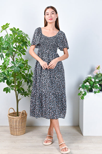 All Would Envy Dresses CANDICE SMOCKED MIDI DRESS IN BLACK