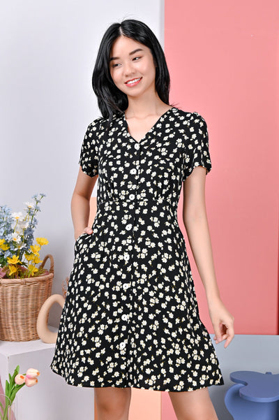 All Would Envy Dresses EUNOIA BUTTON DRESS IN BLACK FLORAL