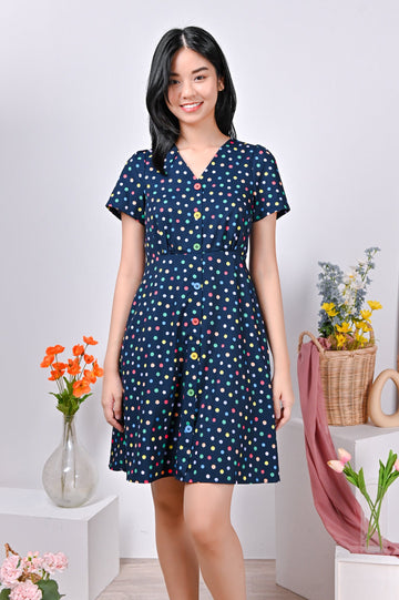 All Would Envy Dresses EUNOIA BUTTON DRESS IN RAINBOW POLKA