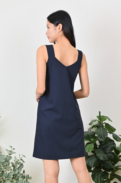 All Would Envy Dresses KATHLEEN THICK-STRAP BUTTON DRESS IN NAVY