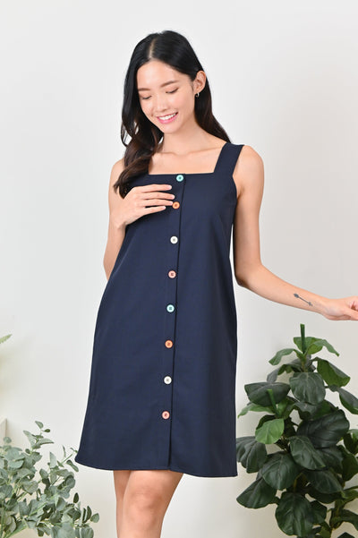 All Would Envy Dresses KATHLEEN THICK-STRAP BUTTON DRESS IN NAVY