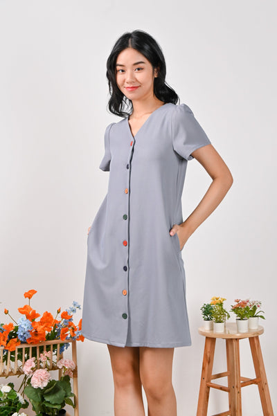 All Would Envy Dresses LYNNIE SLEEVED BUTTON DRESS IN GREY