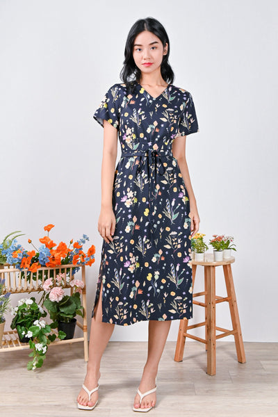 All Would Envy Dresses NAVY ROMANTIC FLORAL SLEEVED MIDI DRESS
