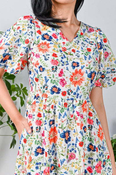 All Would Envy Dresses ROBUST FLORAL PUFF-SLEEVED MIDI DRESS