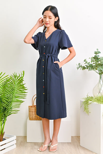 All Would Envy Dresses SORAYA SLEEVED BUTTON DRESS IN NAVY