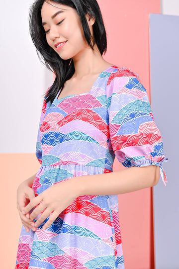All Would Envy One Piece PINK WAVE COLLAGE TIE-SLEEVE DRESS-ROMPER